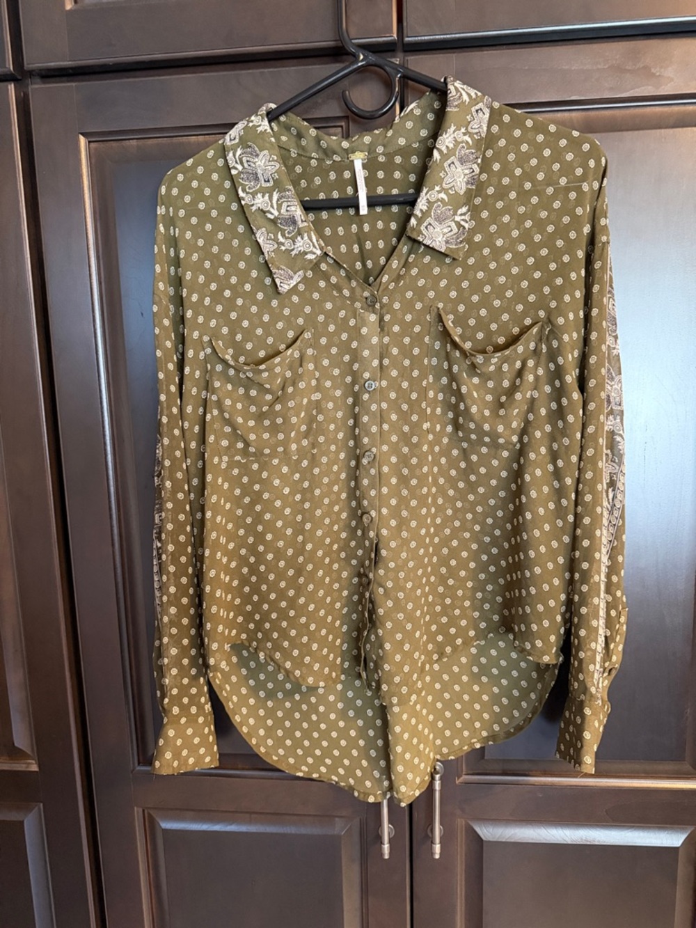 Free People Olive Green Printed Shirt with Cream Medallions